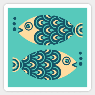 TWO FUN SWIMMING GEOMETRIC FISH Retro in Dark Blue, Turquoise and Cream - UnBlink Studio by Jackie Tahara Sticker